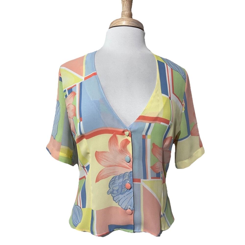 Hamells Womens MP Vintage 90s Sheer Beach Print Deep V-Neck Button Crop Top